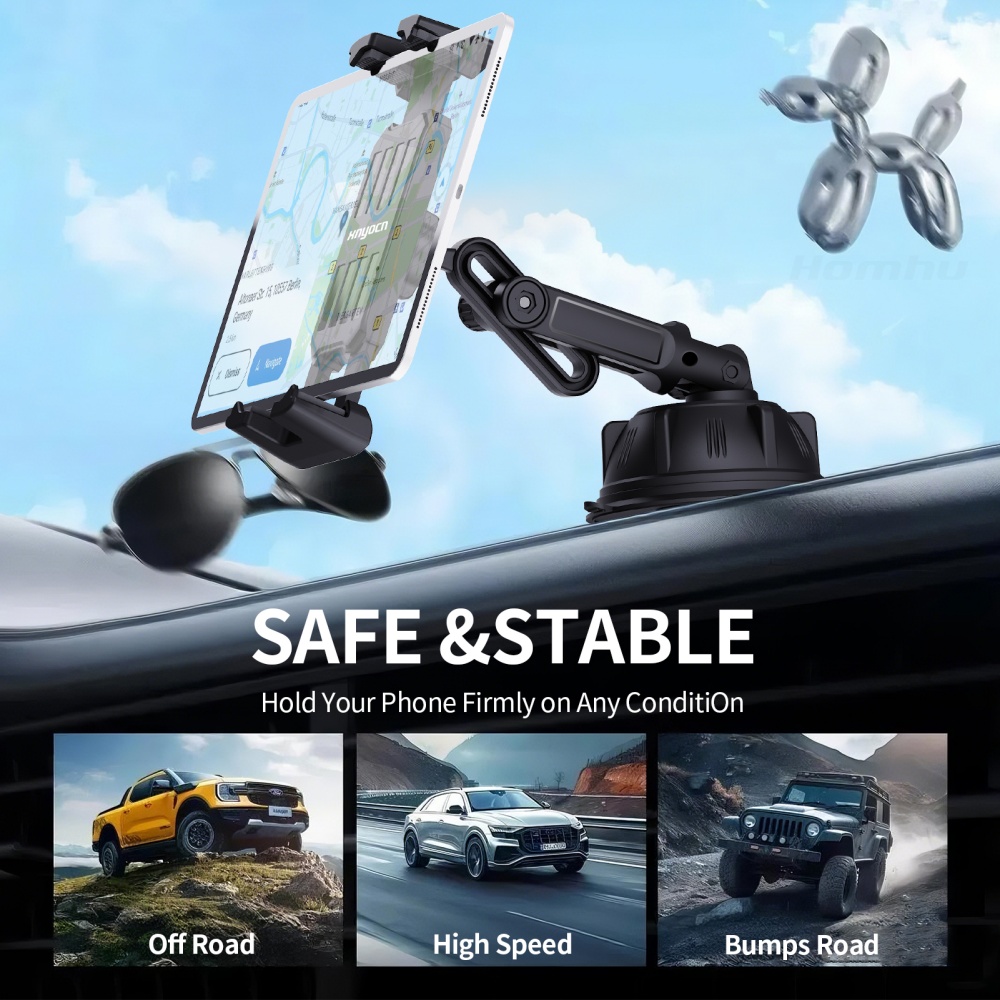 Suporte de Ventosa para Celular/Tablet Carro, Painel/Pára-brisa, Braçadeira Giratória 360° com Braço Extensível