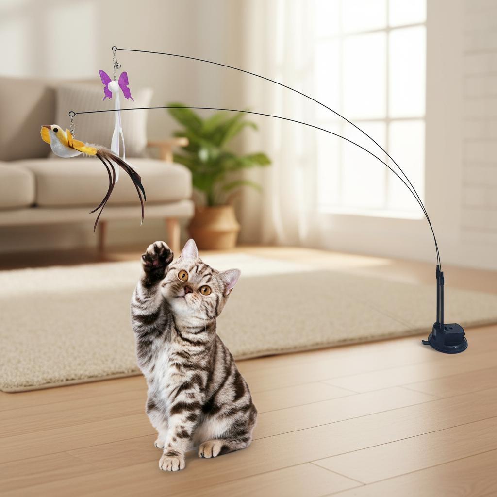 Brinquedo de gato com penas, ventosa e haste de aço para brincar ...