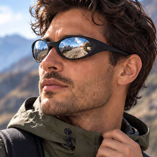 Óculos de sol esportivos leves para homens, armação preta, lente espelhada prata, para ciclismo e atividades ao ar livre