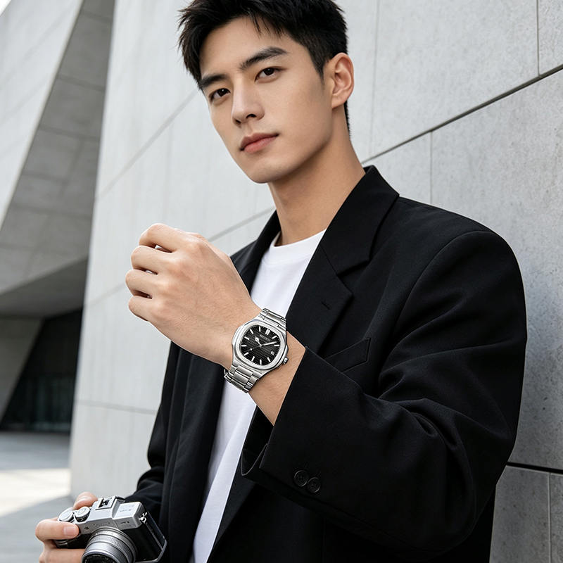 Influencer Relógio De Pulso Masculino Luxuoso Em Aço Inoxidável Com Mostrador Preto Casual Estilo Nautilus