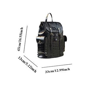 Mochila vintage de couro com relevo de crocodilo, vários bolsos, cordão e fivelas, estilosa para viagem e trabalho,