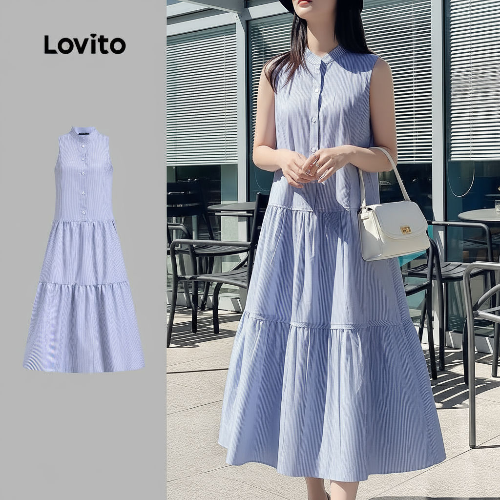 lovito-vestido-casual-listrado-com-botao em Promoção na Shopee