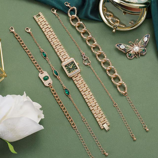 Conjunto de Relógio Verde Elegante com 5 Pulseiras, Strass, Caixa de Presente de Luxo, Joias para Mulheres