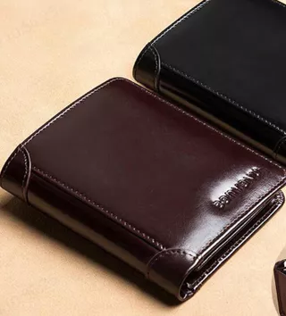 Carteira Masculina De Couro Com Três Dobras – Bolsa Curta Vertical Porta Cartão, Preta E Café