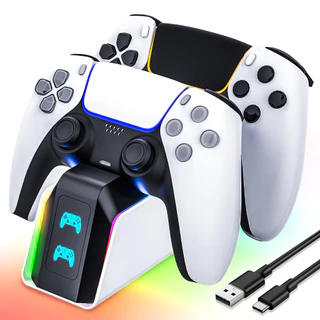 Dock de Carregamento para Gamepad PS5, Carregador de 2 Slots com 9 Iluminação RGB, Carregamento Rápido de 2,5 Horas,