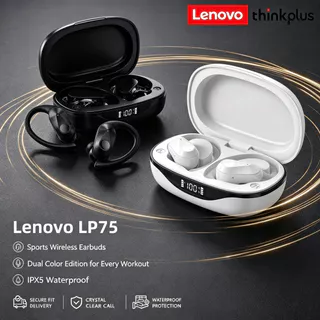 Lenovo LP75 Fones De Ouvido Esportivos Sem Fio Bluetooth Ergonômicos Gancho Seguro Com Som Estéreo HiFi Display LED Long
