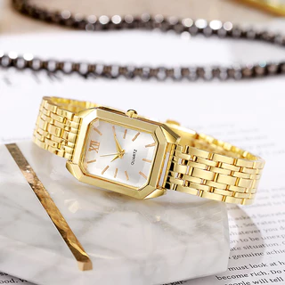 Relógio De Quartzo Feminino Quadrado Em Tom Dourado, Mostrador Numeral Romano, Pulseira De Aço Inoxidável, Pulso Fash