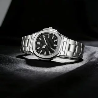Relo Octogonal Aço Inoxidável Quartzo Prata Relógio Masculino Elegante De Pulso Com Calendário De Data