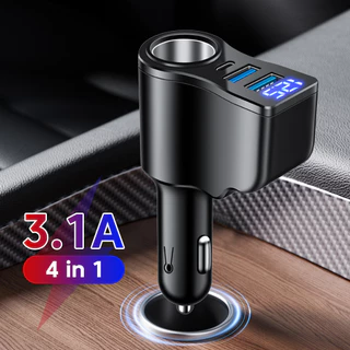 3.1A 4 em 1 Display Digital 2 USB 1 Carregador de Carro Tipo C 3 Portas Carregador de Celular Rápido para Carro Preto
