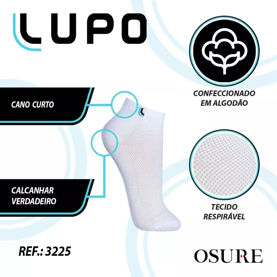 Infográfico técnico da meia Lupo destacando cano curto, calcanhar verdadeiro e tecido respirável
