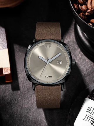 Relógio De Quartzo TOMI Para Homens Retrô Pulseira De Couro Marrom Exibição De Data Pulso Masculino Casual De Negócios