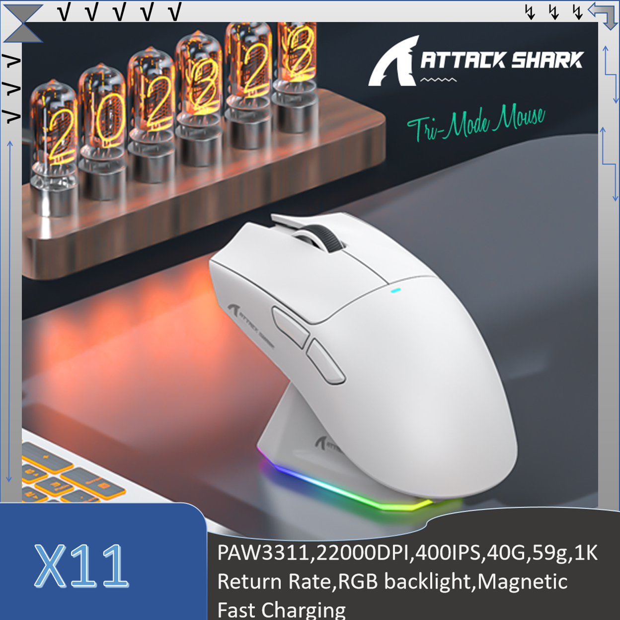  ATTACK SHARK X11 Mouse Gaming Ultraleve de Tripla Conexão, PAW3311, 22000 DPI, 400 IPS, 40 G, 59 g, Taxa de Resposta de