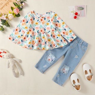 1-4 Anos De Idade Moda Feminina De Ganga 2Pcs Conjunto De Roupas/Blusa Floral Fresca De Manga Longa + Jeans Com Buracos Rasgados/Todos Os Fatos De Lazer Fósforos