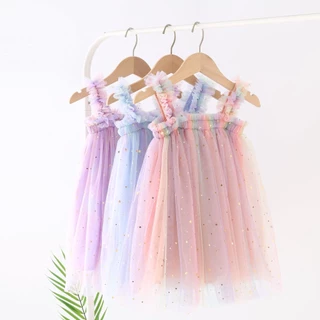 Vestido De Verão Para Meninas Com Estrelas Cintilantes Tule Sem Mangas 1-5 Anos