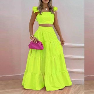 Sexy Solid Maxi Dress 2 Piece Sets Mulher 2023 Summer Boho Casual Conjunto  De Duas Peças Para Crop Top E Saia Longa