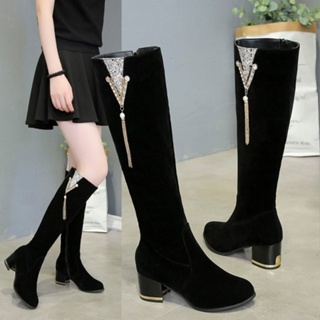 2023 Outono e inverno novo estilo botas de salto grosso de salto alto de couro fosco botas femininas com zíper lateral e veludo