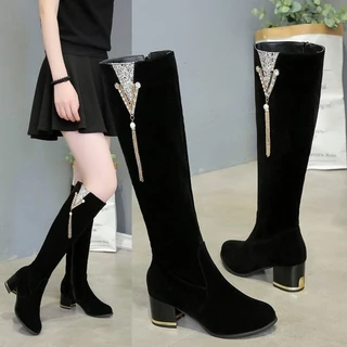 2023 Outono e inverno novo estilo botas de salto grosso de salto alto de couro fosco botas femininas com zíper lateral e veludo