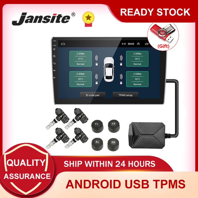 Jansite TPMS Car USB Android TPMS Tyre Pressure Monitoring System Temperature Warning For Android Player 8 bar 116 psi With 4 Sensors