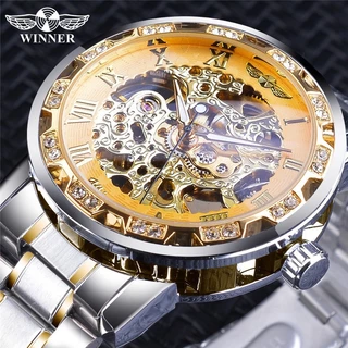 Vencedor Faixa De Aço Mecânico Masculino Relógio Moda Casual Desenho De Rhinestone Oco