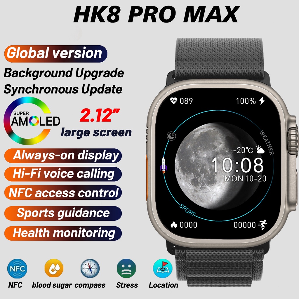 Original HK8 Pro Max Ultra Smart Watch Homens AMOLED 2.12 "Compass Game Stress NFC Hi-Fi Voice Calling Smartwatch