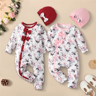 Recém-Nascido Baby Girl Bodysuit Flowers Imprimir Macacão De Manga Comprida Lovely Romper Jumpsuit Com Chapéu