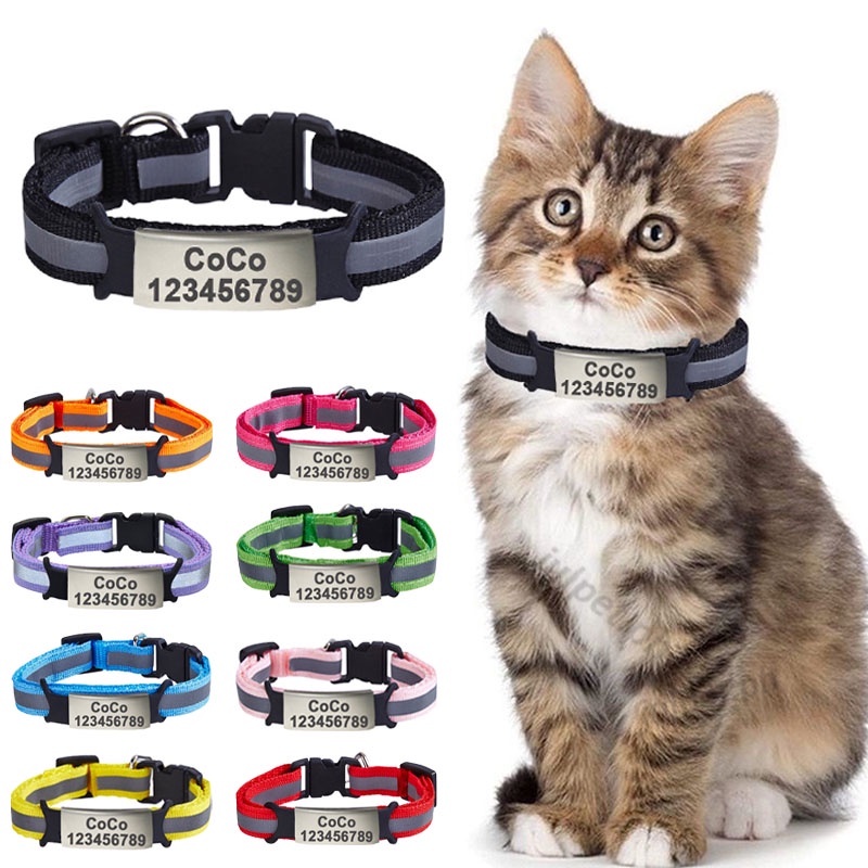 Nome De Identificação Personalizada Grátis tag Colar De Sino De Coleira De Gato Segurança Nylon Refletivo De Gatinho Gravação Cão