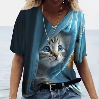 Camiseta Y2k Vestuário De Verão Kawaii Cat Impressão 3D Com Decote Em V Manga Curta