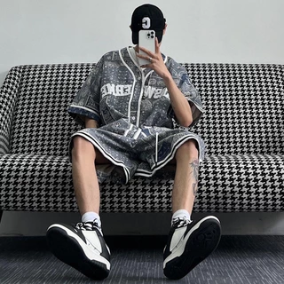 150kg interior caju porca flor carta impressão Retro estilo Harajuku masculino feminino Hip-Hop camisa conjunto de duas peças