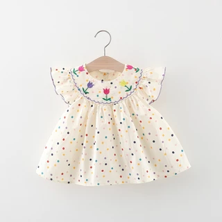 Verão Novo Pequeno Voar Manga Bebê Menina Boneca Vestidos Coloridos Dot Bordado Florais Para Meninas (0-3 Anos)