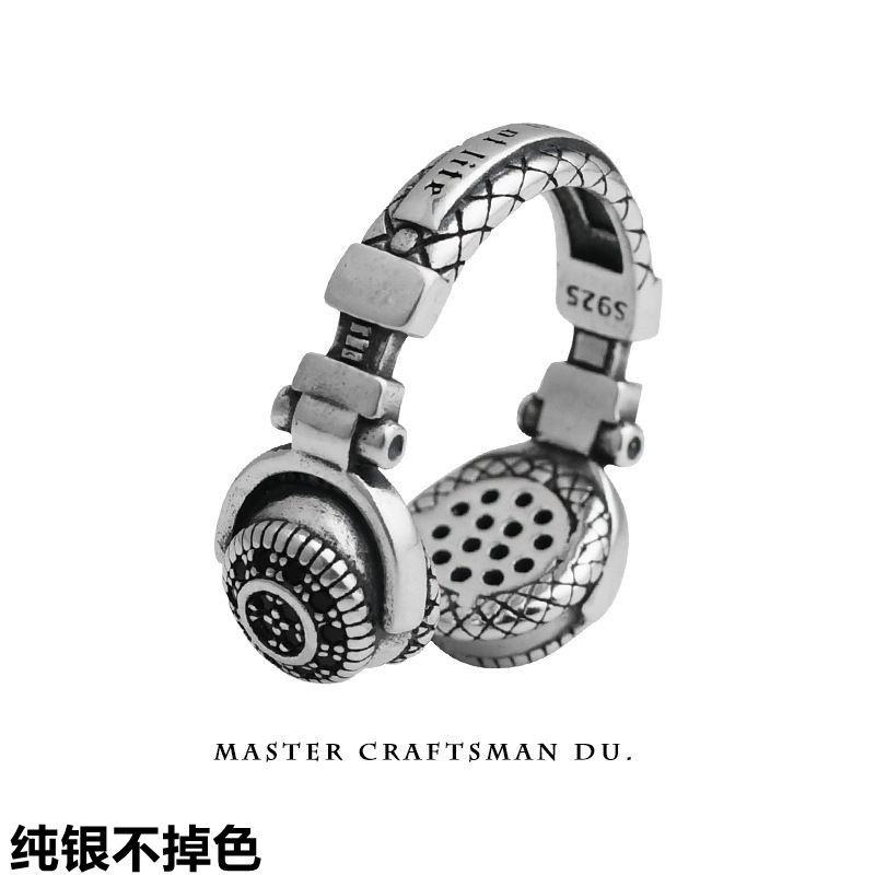 Fone de ouvido Bluetooth Fone de ouvido Bluetooth S925 Sterling Silver Headset Ring Fone de ouvido masculino Retro Niche Design exclusivo Anel masculino Hip-Hop de alta tendência simples